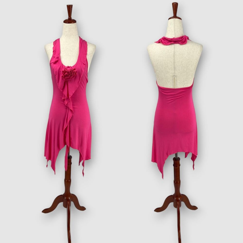 Y2k Hot Pink Halter Fairy Dress Ruffle Rosette Open Back Handkerchief Hem Small